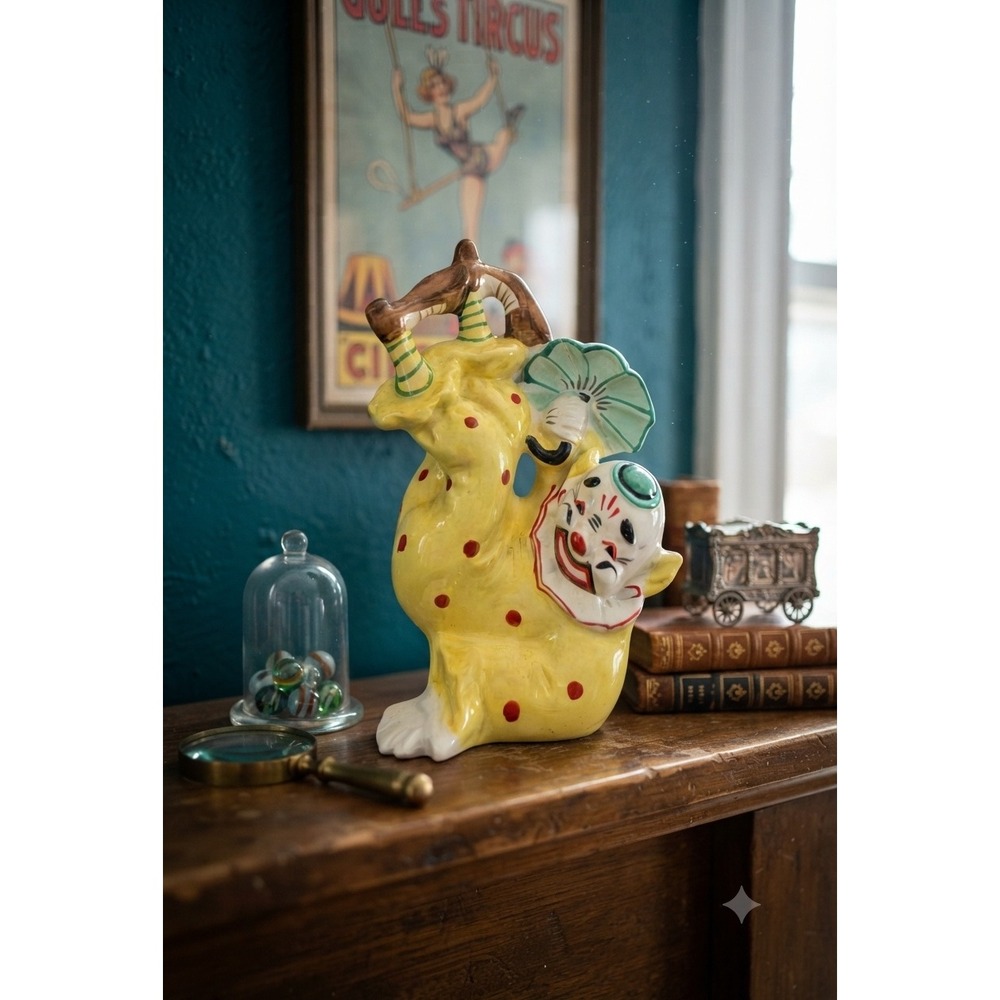Vintage 1956 Yona Original Ceramic Clown Figurine Wall Pocket Yellow Polka Dot